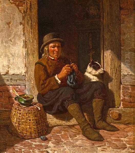 A Man Seated In A Doorway Knitting With His Dog Oil Painting by Rudolf Jordan