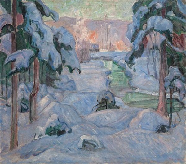 Vinter Pa Lillehammer Oil Painting by Lars Jorde