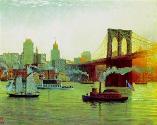 New York Mit Brooklyn Bridge Am Morgen Oil Painting by Niels Jorgensen