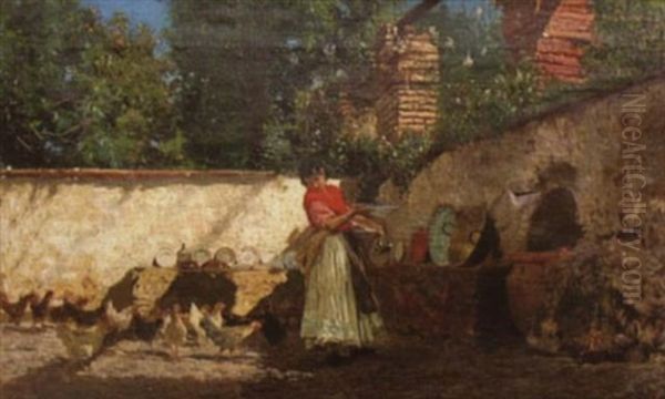 Italian Woman In A Yard Feeding Chickens Oil Painting by Pio Joris