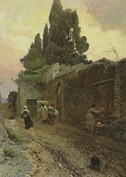 Italienische Bauerinnen Auf Der Landstrase Bei Einer Parkmauer Und Vor Einem Andachtsbild Oil Painting by Pio Joris