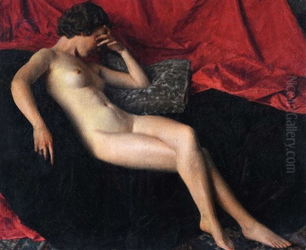 Female Nude Reclining With Red Fabric Oil Painting by Maurice Joron