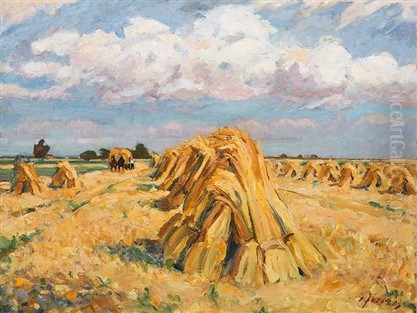 Grain Stacks Below Clouded Skys Oil Painting by Carl Joerres