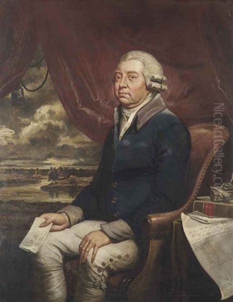 Portrait Of The Right Hon. John Robinson, Surveyor General Of Woods To The King, In A Blue Coat, Holding A Letter In His Right Hand, Sitting In... Oil Painting by George Francis Joseph