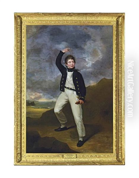 Portrait Of George James Perceval, Later 6th Earl Of Egmont (1794-1874), Full-length, In Naval Uniform, Standing On The Shore... Oil Painting by George Francis Joseph