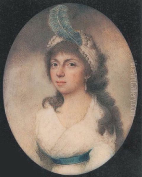 A Young Lady (sophia?), Aged 18, Wearing White Dress With Blue Ribbon Waistband, White Turban With Pearls And A Blue Plume In Her Curling Hair And Drop Pearl Earring Oil Painting by George Francis Joseph