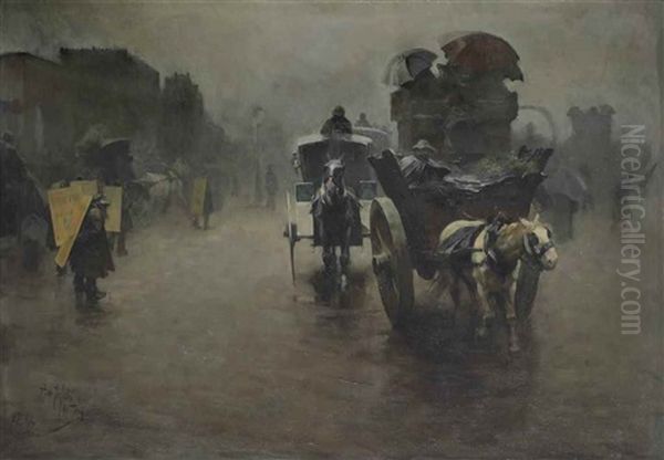 London: Carriages In The Mist, London Oil Painting by Pieter Josselin de Jong