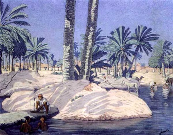 Detente Au Bord De L'oued Oil Painting by Henri Gustave (Abdul-Karim) Jossot