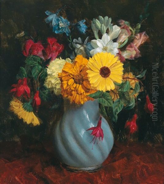 Blumenstraus In Einem Keramikkrug Oil Painting by Josef Jost