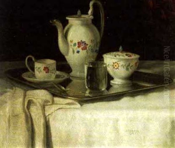 Cafekanne, Cafetasse, Zuckerdose, Loffel Und Wasserglas Oil Painting by Josef Jost