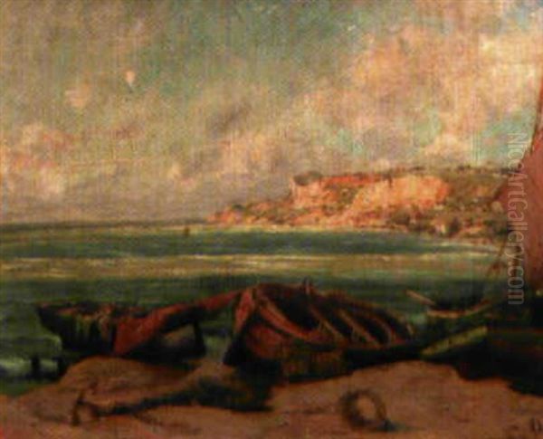 Barques De Peche Sur La Plage, Vers Fecamp Oil Painting by Charles Jouas