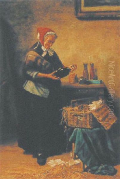 Interieur Mit Alter Frau Und Korb Oil Painting by Alphonse Jouatte