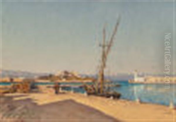 European Harbor Oil Painting by Leon Joubert