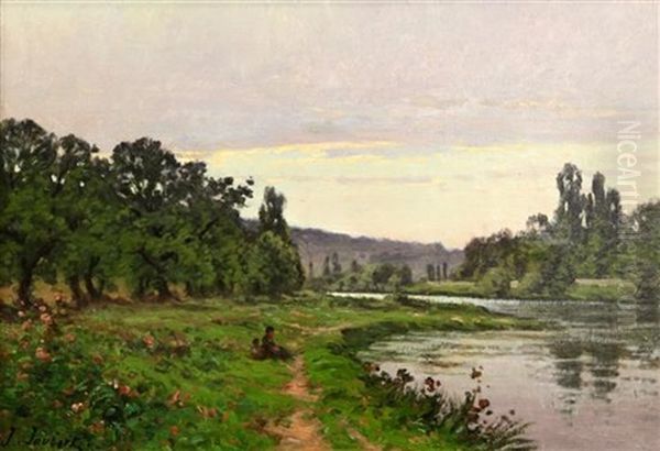 River Landscape With Figures On The Bank Oil Painting by Leon Joubert