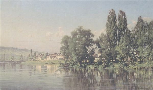 A Quiet Lake Scene With Figures On The Far Shore And Cottages Beyond Oil Painting by Leon Joubert