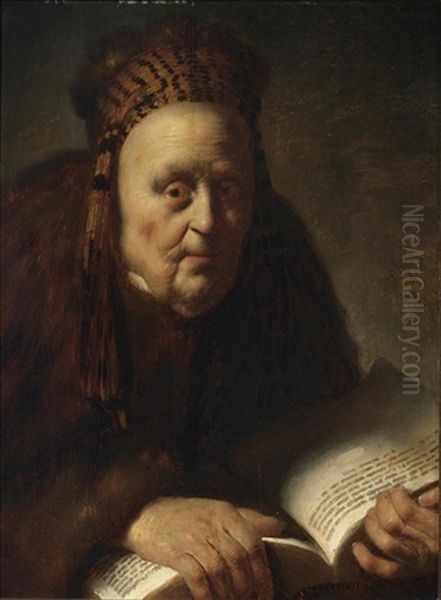 A Portrait Of An Old Woman Holding A Book Oil Painting by Isaac De Joudreville