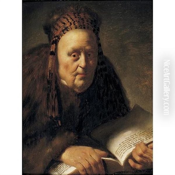 Portrait Of An Old Woman Holding A Book Oil Painting by Isaac De Joudreville