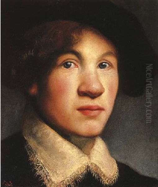 Portrait Of A Young Man (rembrandt?), With A Dark Hat And A White Collar Oil Painting by Isaac De Joudreville