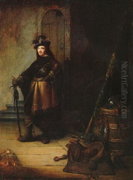 An Officer, Standing Full Length In A Guard Room Near A Staircase, Helmet On A Barrel Oil Painting by Isaac De Joudreville