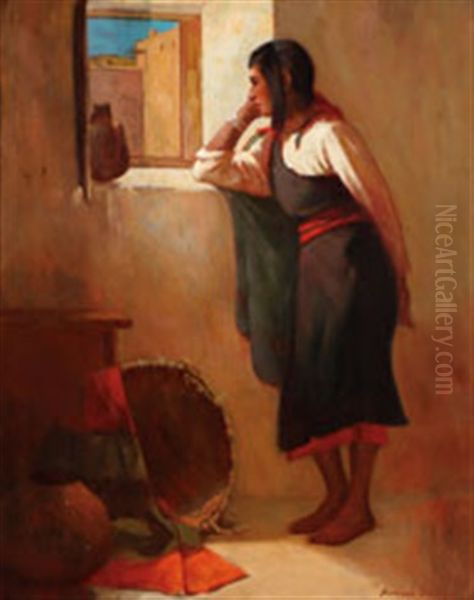 A Navajo Woman With Basket And Olla Oil Painting by Amedee Joullin