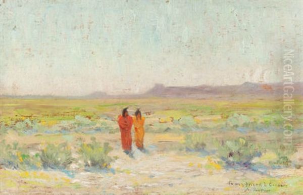 Two Figures In A Field Oil Painting by Amedee Joullin