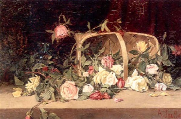 A Basket Of Mixed Roses Oil Painting by Amedee Joullin