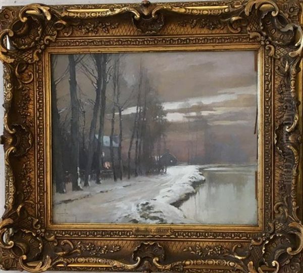 Paysage De Neige En Bord De Riviere Oil Painting by Henri Jourdain