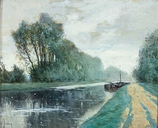 Chemin De Lalage. Ansicht Eines Kanals Mit Ankerndem Schiff, Begleitet Von Einer Baumallee Oil Painting by Henri Jourdain