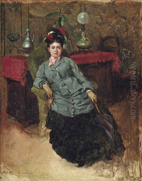 A Lady Seated In An Interior Oil Painting by Roger-Joseph Jourdain