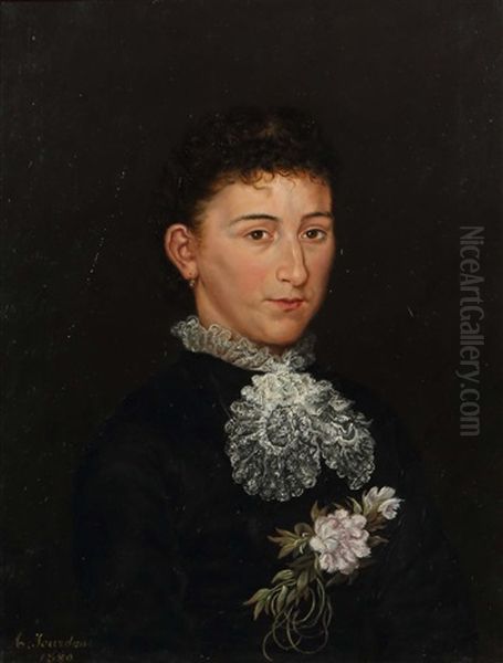 Portrat Einer Dame Im Schwarzen Kleid Mit Spitzenbesatz Und Blume Oil Painting by Adolphe Jourdan