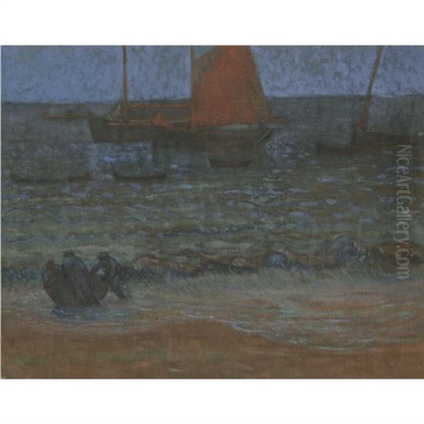 Marine Au Crepuscule (+ Pecheurs Et Bateau De Peche, Verso) Oil Painting by Emile Jourdan