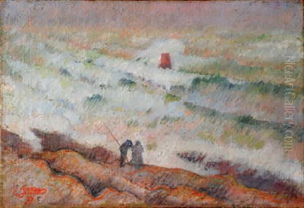 Couple De Pecheurs Devant La Mer Demontee Oil Painting by Emile Jourdan