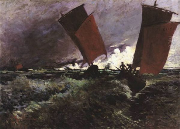 Voiles Rouges En Mer Oil Painting by Emile Jourdan