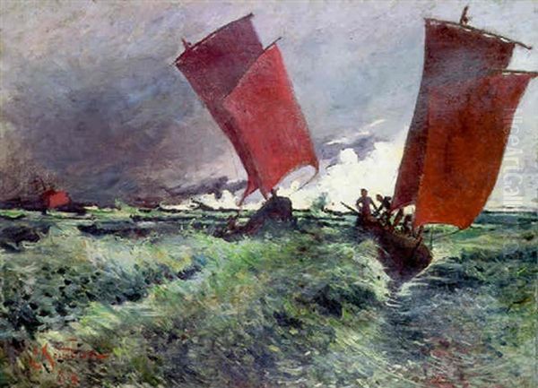 Les Voiles Rouges Oil Painting by Emile Jourdan