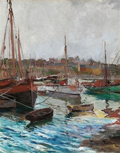 Boote Im Hafen Oil Painting by Jean-Jacques-Raoul Jourdan