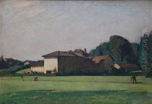 Landscape Scene With Farmhouse And Farm Workers Oil Painting by Louis Jourdan