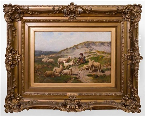 Shepherd Seated With Flock Oil Painting by Theodore Jourdan