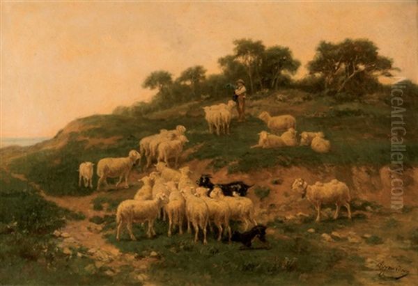 Berger Et Moutons Oil Painting by Theodore Jourdan