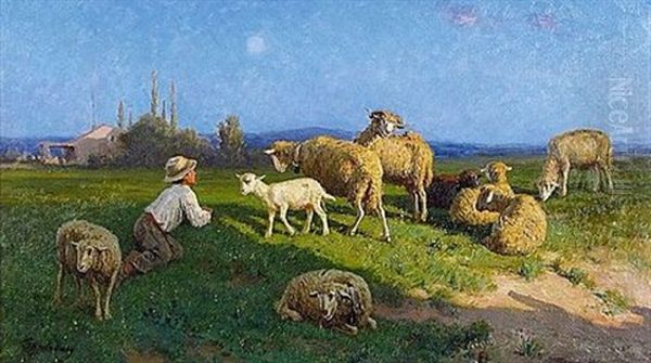 Jeune Berger Et Ses Moutons Oil Painting by Theodore Jourdan