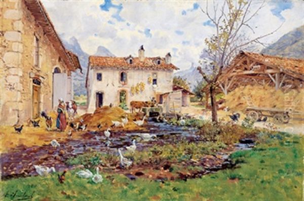 Am Bauernhof Oil Painting by Louis Marie Adrien Jourdeuil