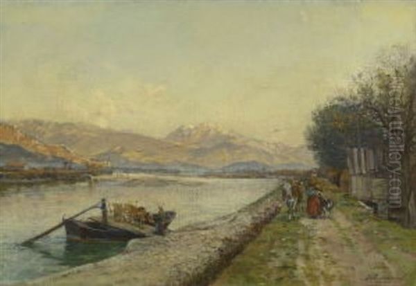 Flusslandschaft Mit Einer Fahra An Der Anlegestelle Oil Painting by Louis Marie Adrien Jourdeuil