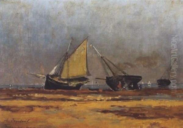 Fischerboote Am Strand Oil Painting by Louis Marie Adrien Jourdeuil