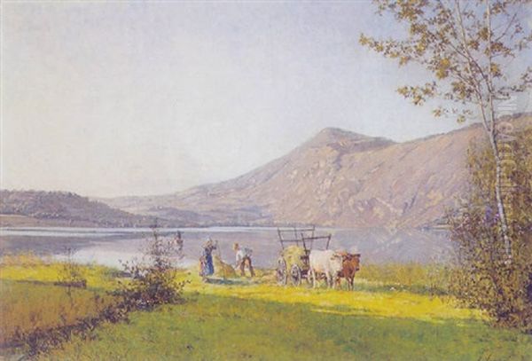 Heuernte Am See Oil Painting by Louis Marie Adrien Jourdeuil