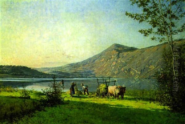 Heuernte Am See Oil Painting by Louis Marie Adrien Jourdeuil