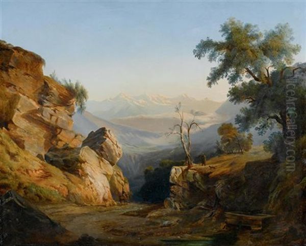 Weite Alpenlandschaft Mit Einem Hirten Und Einem Wanderer Oil Painting by Paul Jourdy