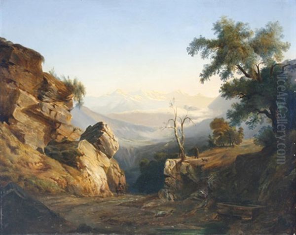 Weite Gebirgslandschaft Bei Sonnenuntergang, Im Vordergrund Reiter Und Hirte Mit Hund Oil Painting by Paul Jourdy