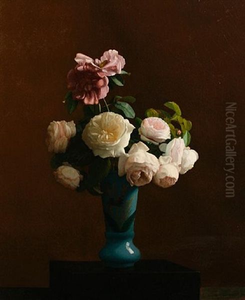 Still Life Of Roses In A Vase Oil Painting by Jacques Joussay