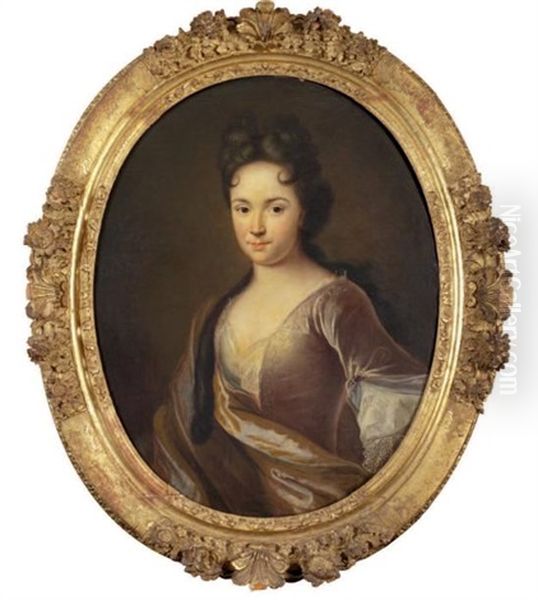 Portrait De Jeune Femme De Qualite En Robe Brune Brodee De Fil D'or Et Corsage De Dentelle, Enveloppee Dans Un Grand Manteau Oil Painting by Francois Jouvenet the Younger