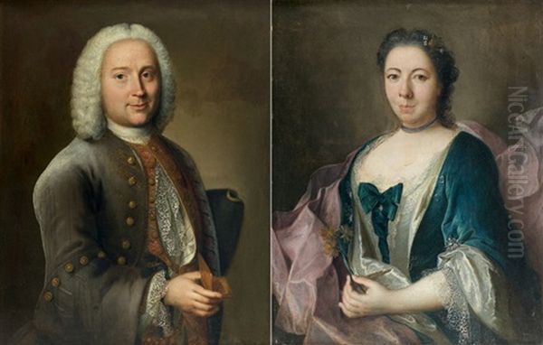 Portrait D'homme (+ Portrait De Femme; 2 Works) Oil Painting by Francois Jouvenet the Younger