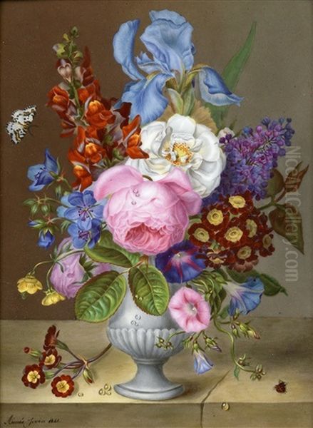 Bunt Gemaltes Blumenbukett In Porzellanvase, Wassertropfen, Gluckskafer Und Blumenzweig Auf Steinplatte Oil Painting by Aimee Jovin